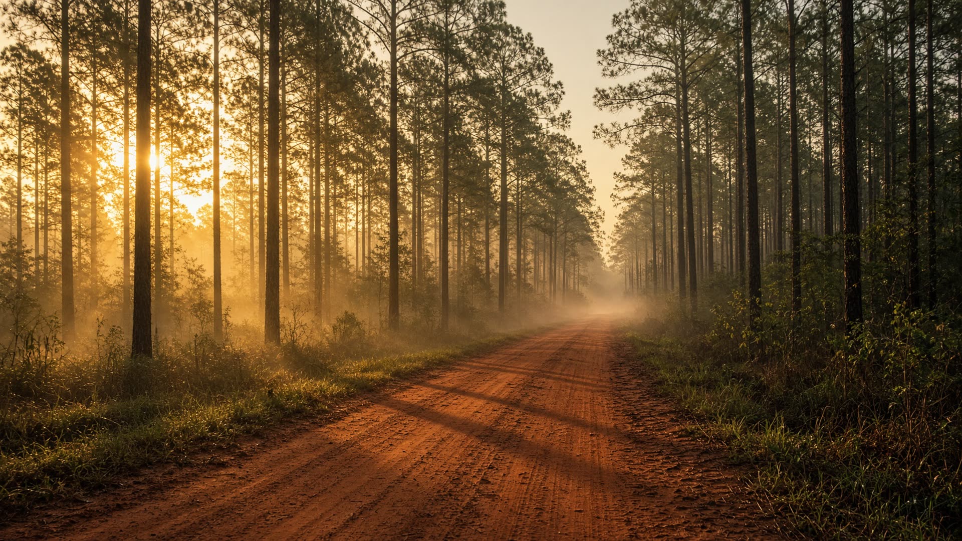 East Texas pine forest at golden hour